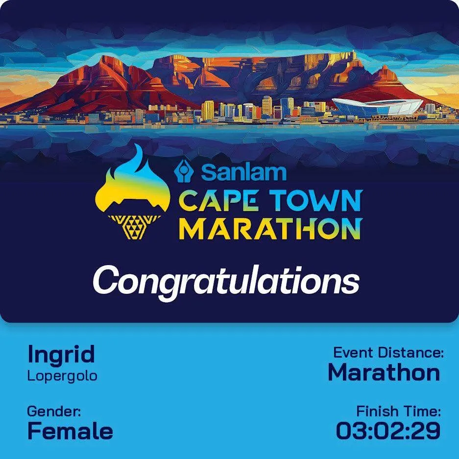 Résultat officiel d’Ingrid Lopergolo au marathon de Cape Town : 3h02’29